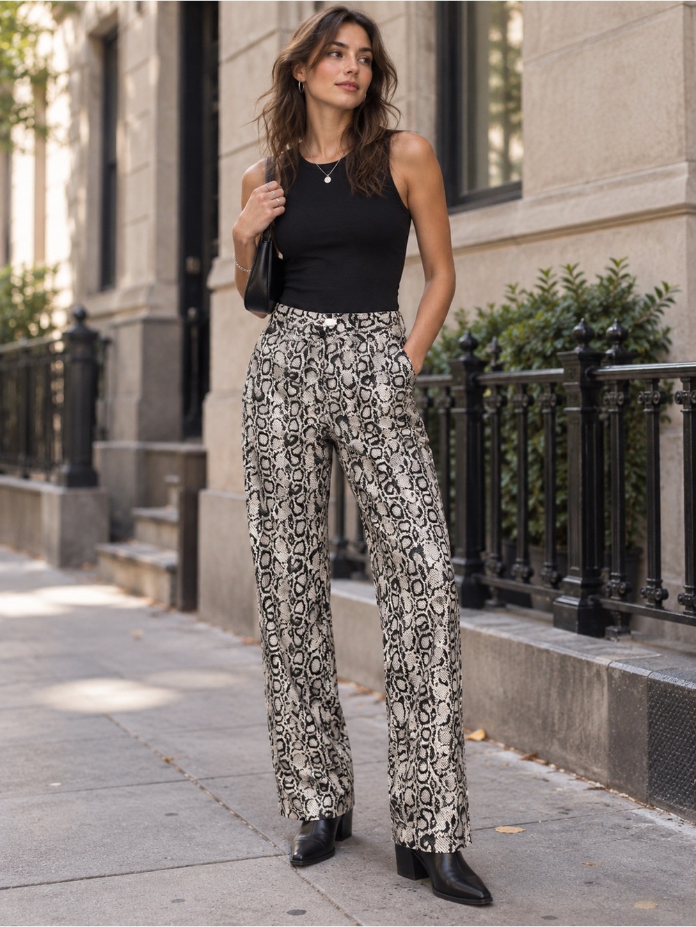 High-Rise Snake Print Wide-Leg Pants - Black & Cream